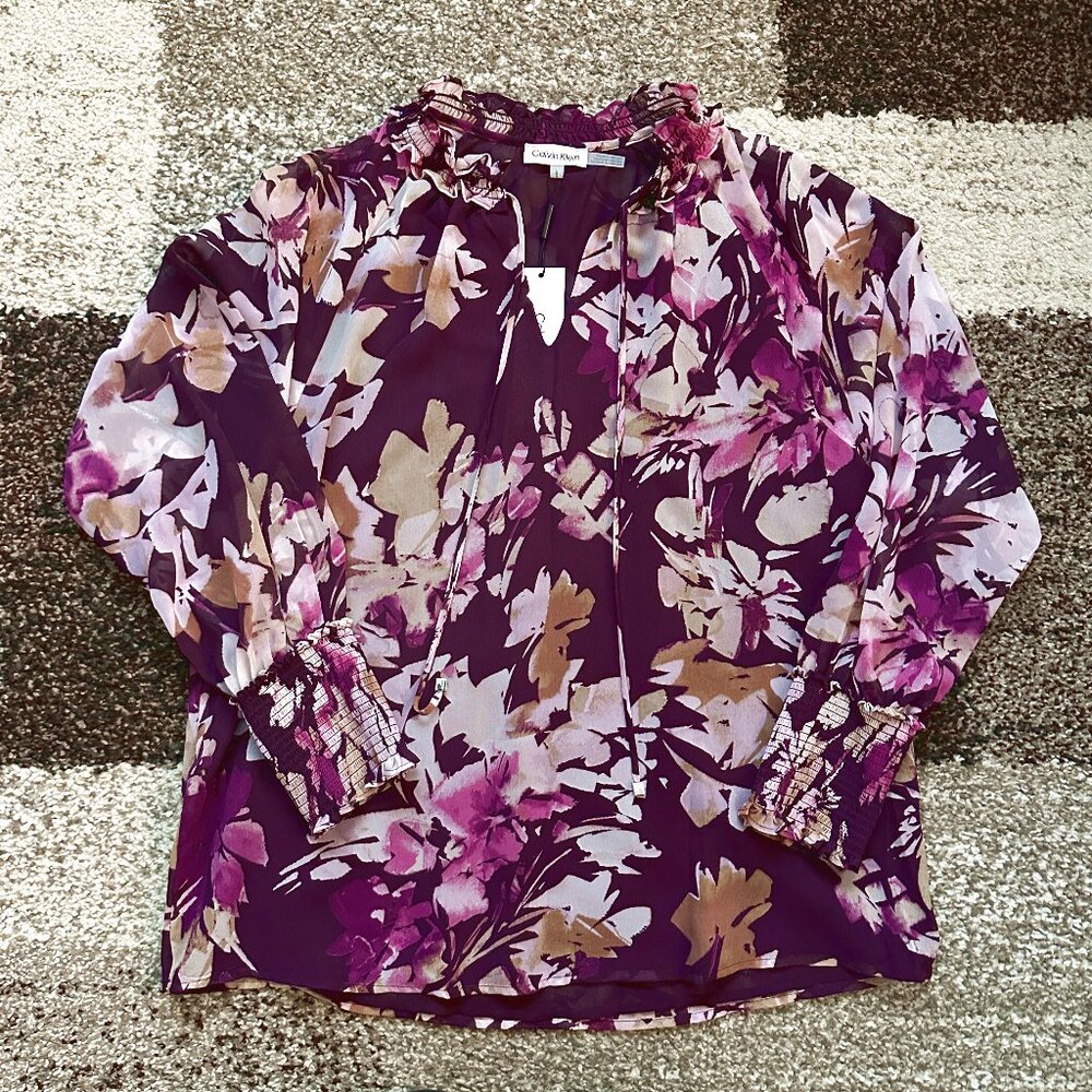 CALVIN KLEIN (L) Purple Pink Tan Floral Print Chiffon Peasant Blouse Top Tie V